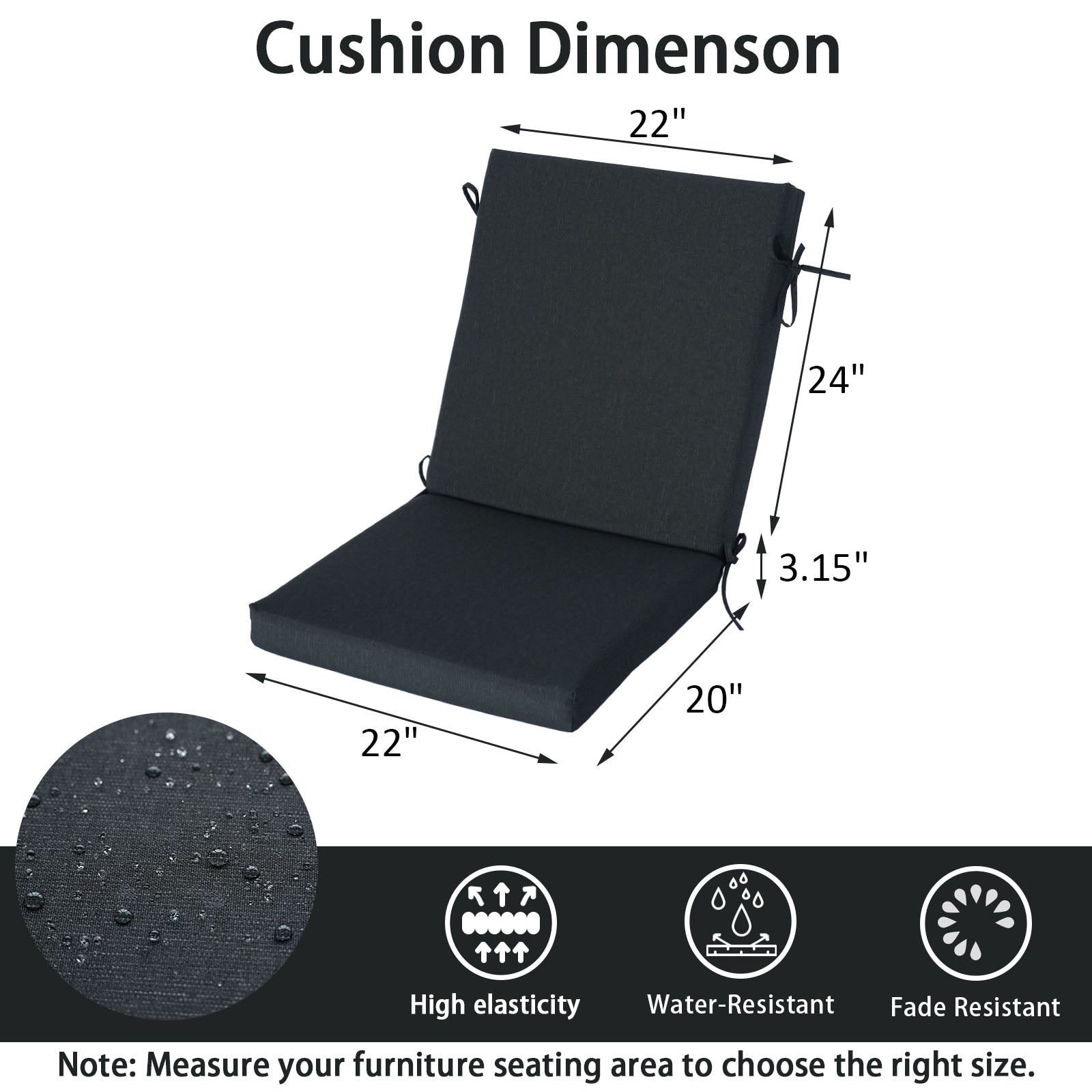 GoodGoods Outdoor High-Back Chair Cushion 22x44 in - Black dimensions