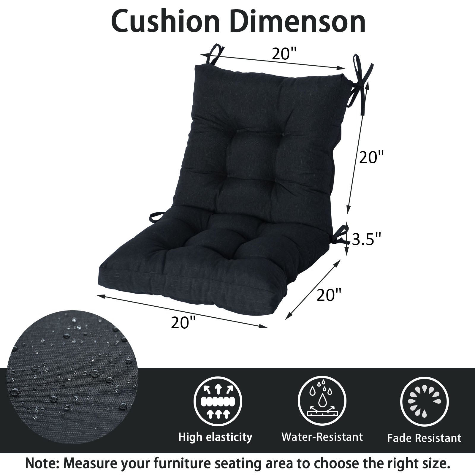 GoodGoods Tufted Outdoor High-Back Chair Cushion 20x40 in - Black dimensions