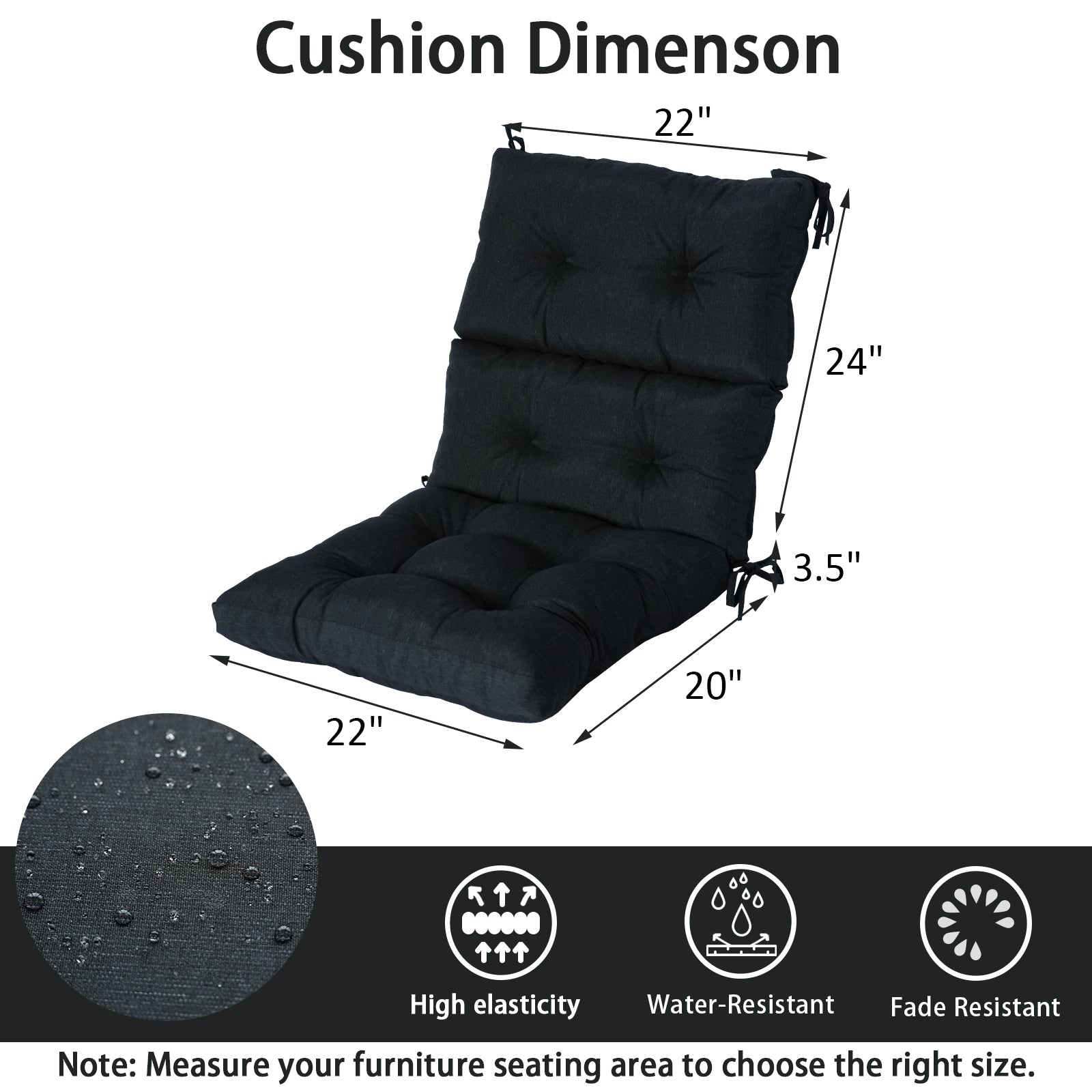 GoodGoods Tufted Outdoor High-Back Chair Cushion 22x44 in - Black dimensions