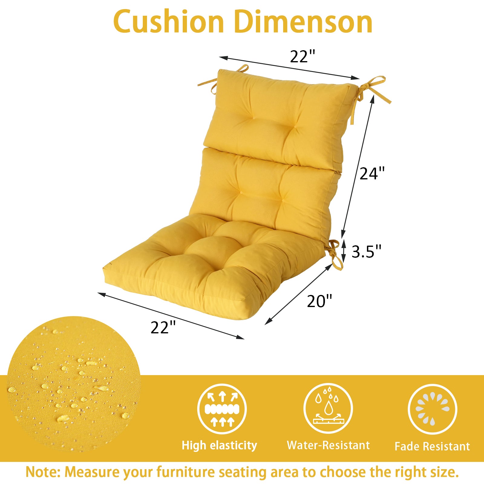 GoodGoods Tufted Outdoor High-Back Chair Cushion 22x44 in - Yellow dimensions