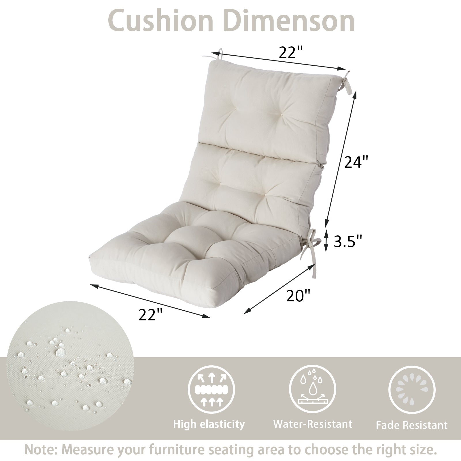 GoodGoods Tufted Outdoor High-Back Chair Cushion 22x44 in - Beige dimensions