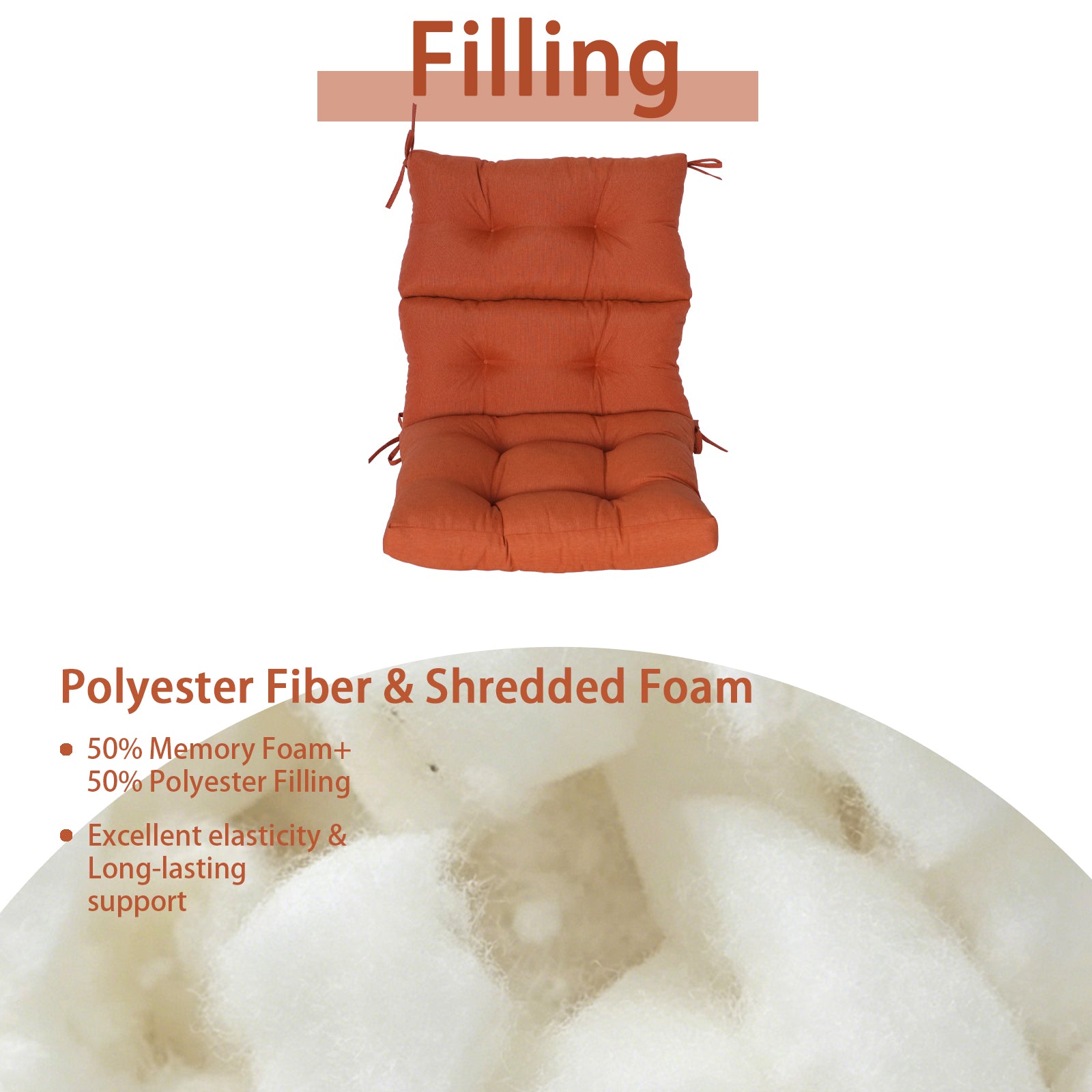 GoodGoods Tufted Outdoor High-Back Chair Cushion 22x44 in - Orange filling and support