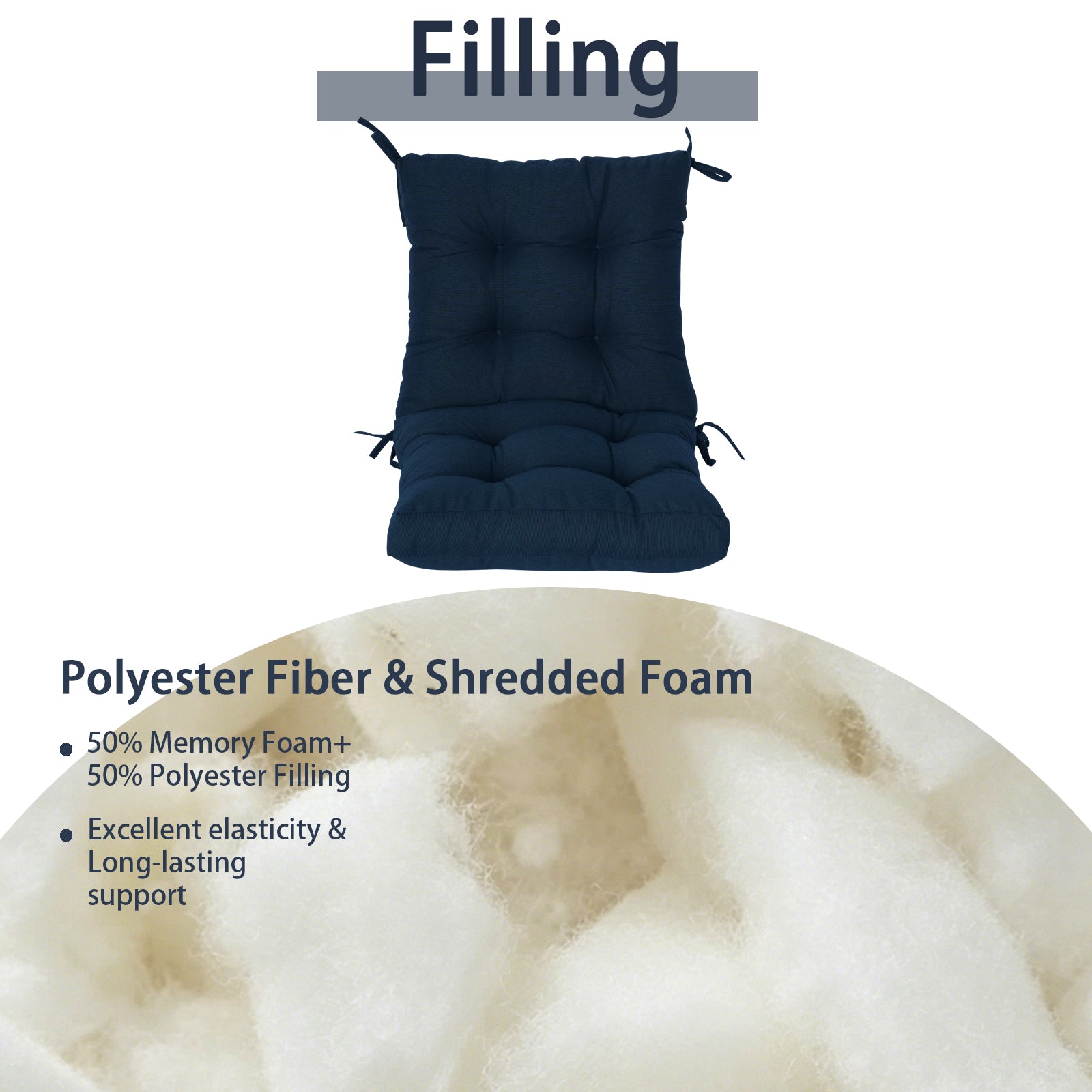 GoodGoods Tufted Outdoor High-Back Chair Cushion 20x40 in - Dark Blue filling and support