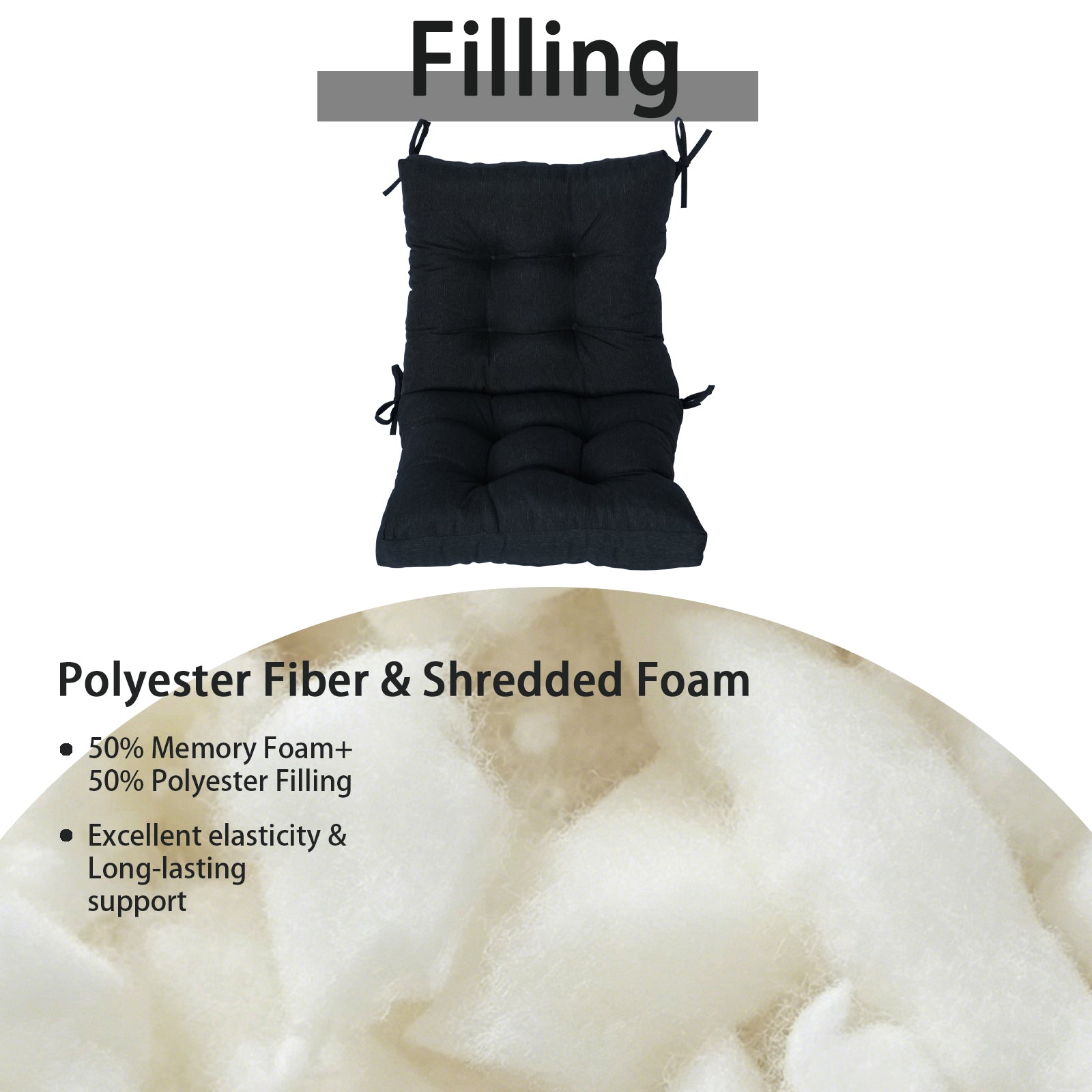 GoodGoods Tufted Outdoor High-Back Chair Cushion 18x36 in - Black filling and support