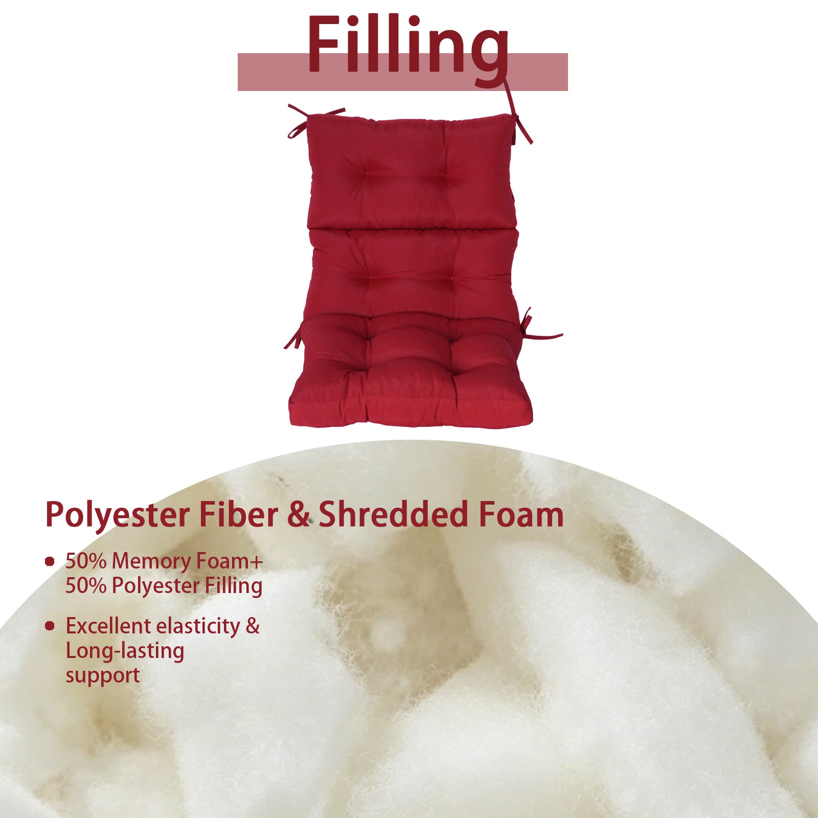 GoodGoods Tufted Outdoor High-Back Chair Cushion 22x44 in - Red filling and support