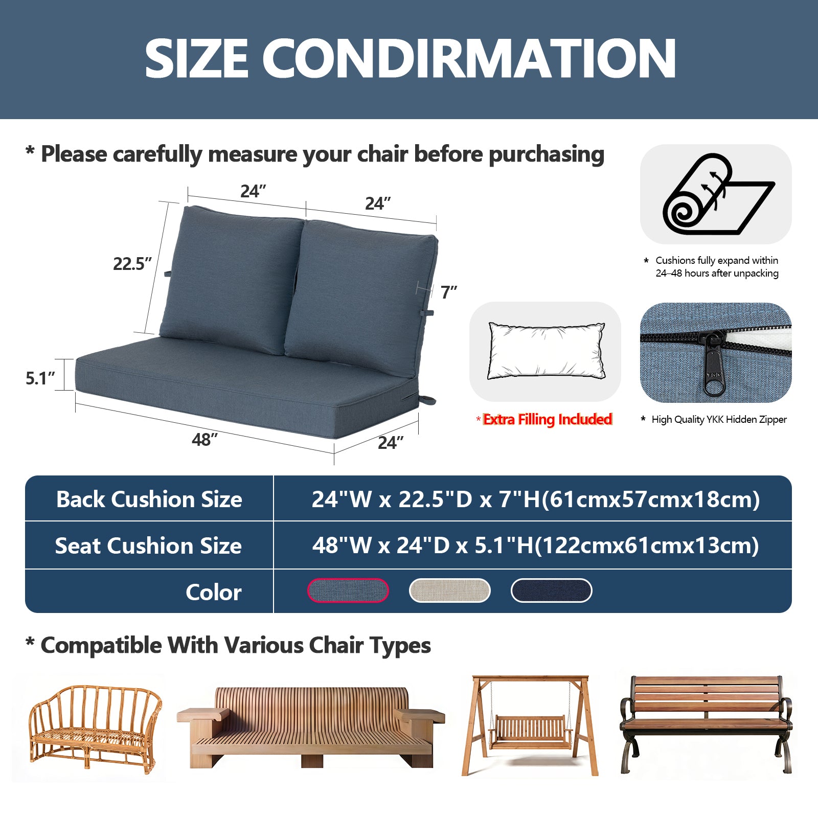 GoodGoods Premium Sunbrella® Loveseat Cushion 48 x 24 in
