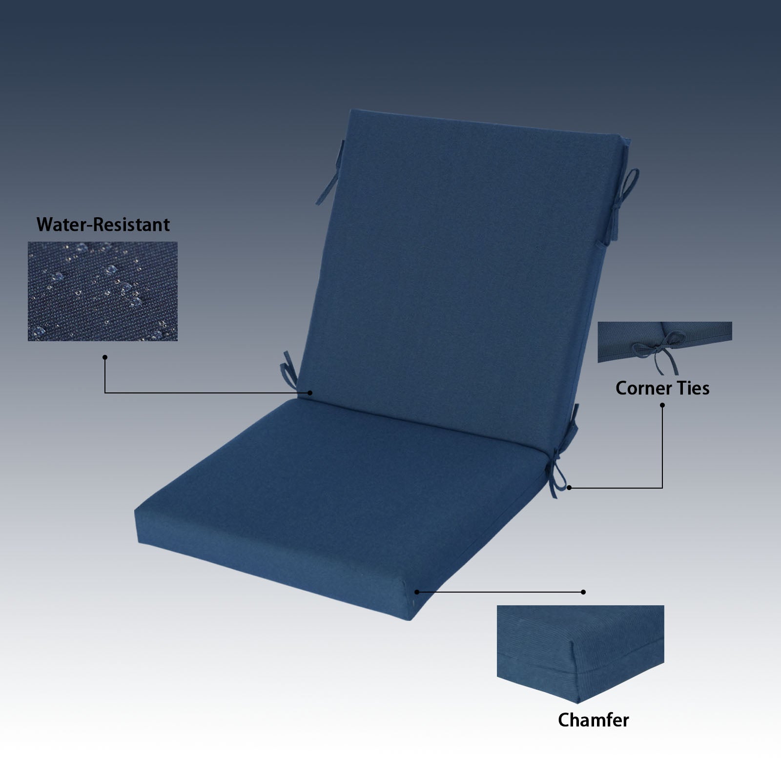GoodGoods Outdoor High-Back Chair Cushion 22x44 in - Dark Blue water-resistant fabric and construction details