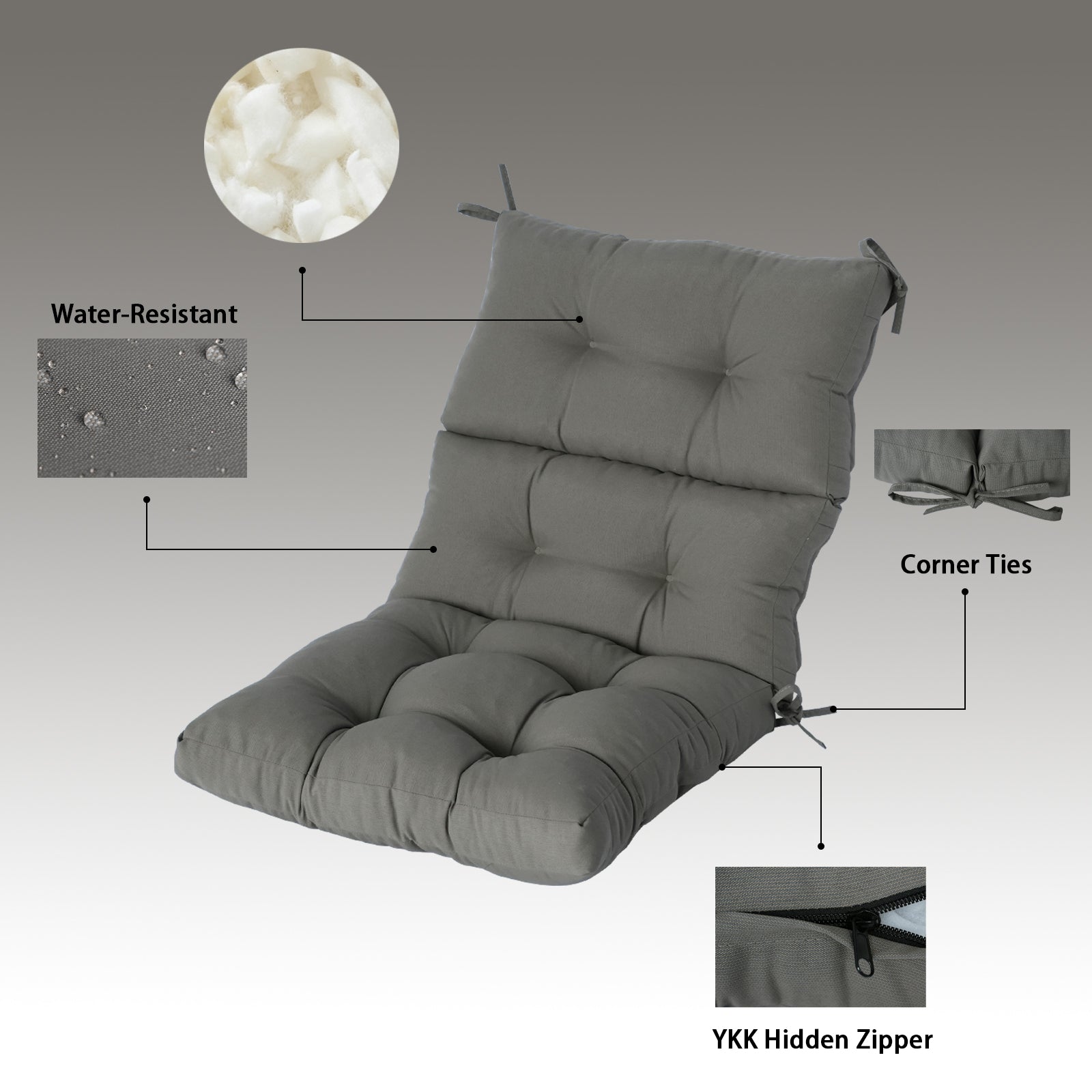 GoodGoods Tufted Outdoor High-Back Chair Cushion 22x44 in - Gray water-resistant fabric and construction details
