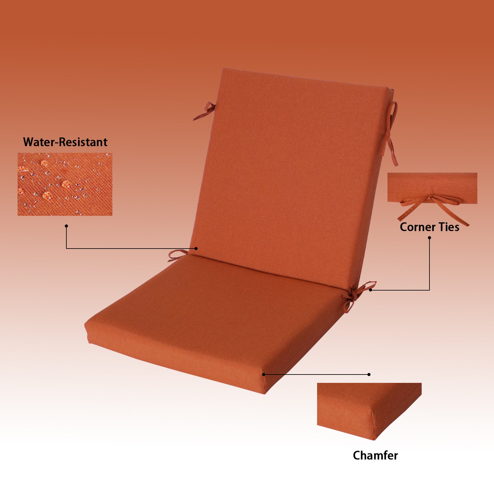 GoodGoods Outdoor High-Back Chair Cushion 22x44 in - Orange water-resistant fabric and construction details