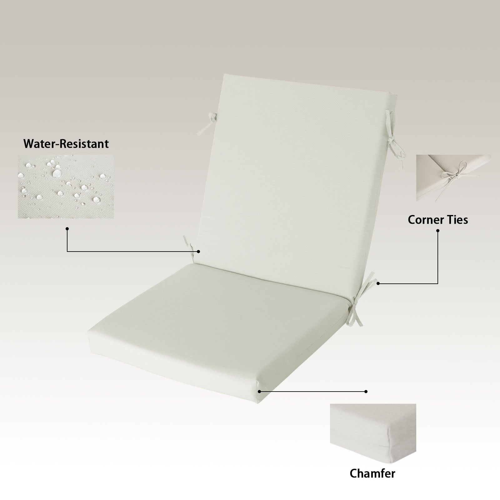 GoodGoods Outdoor High-Back Chair Cushion 22x44 in - Beige water-resistant fabric and construction details