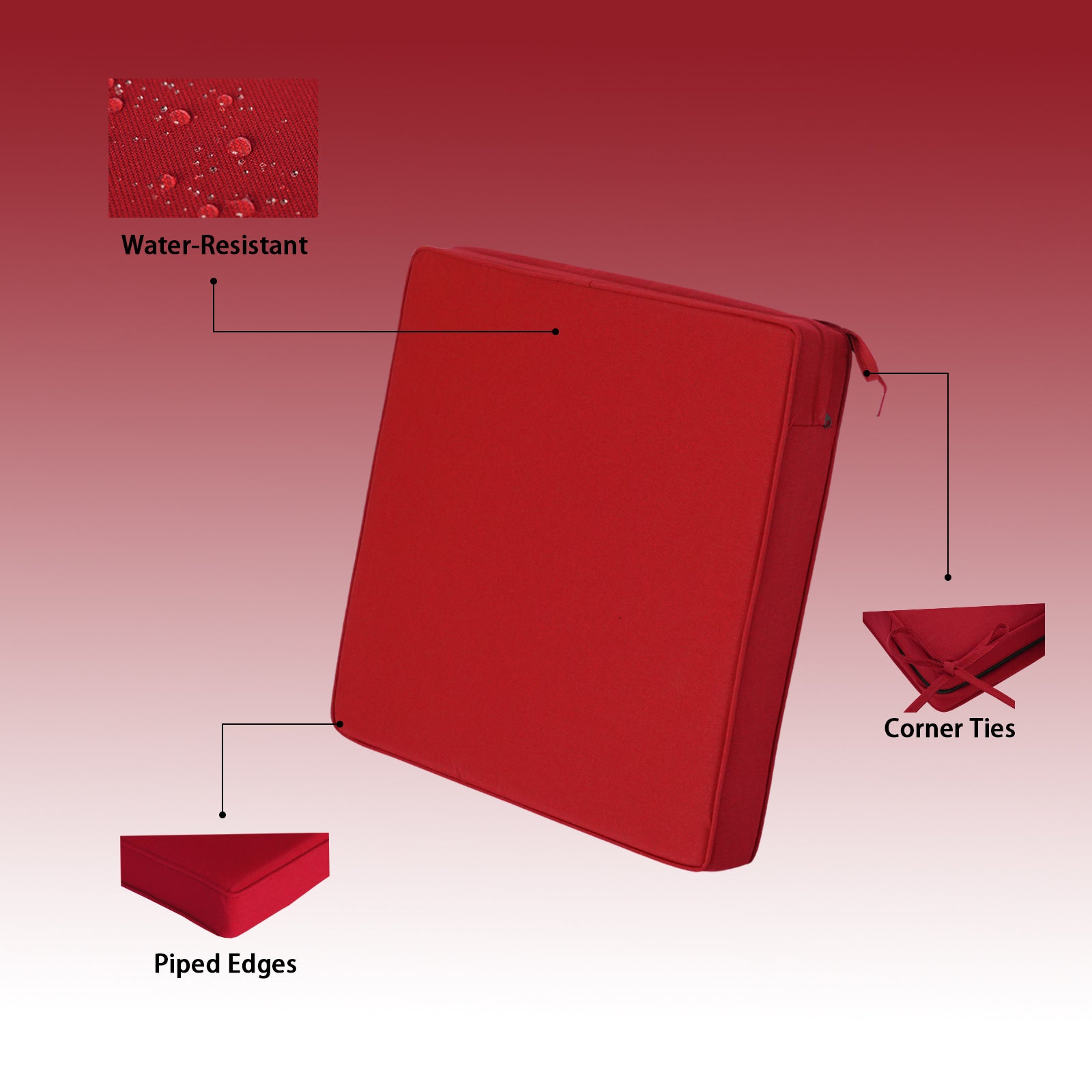 GoodGoods Outdoor Seat Cushion 24x24 in - Red water-resistant fabric and construction details