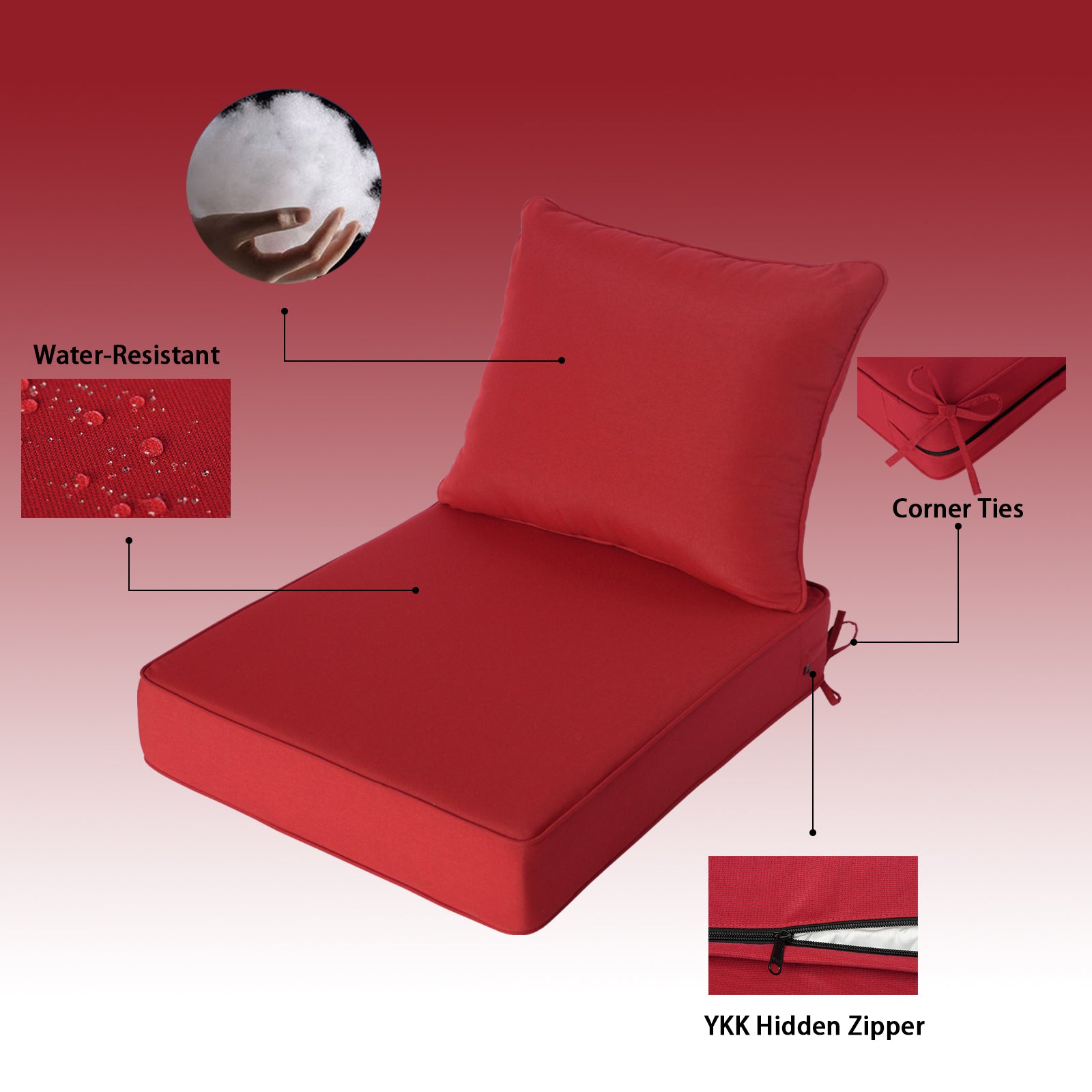 GoodGoods Deep Seat Outdoor Cushion Set 24x28 in - Red water-resistant fabric and construction details