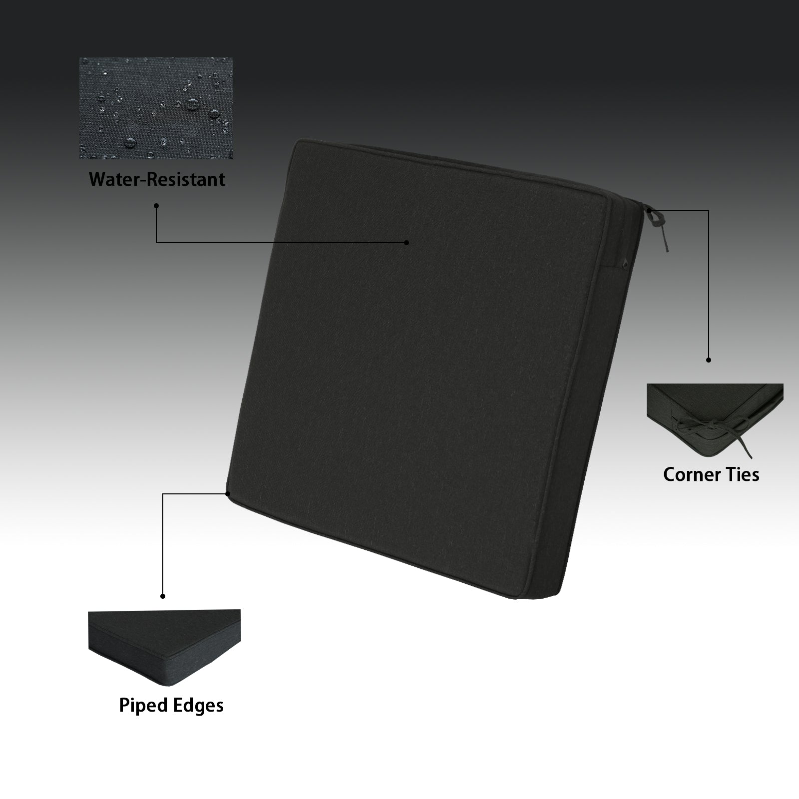 GoodGoods Outdoor Seat Cushion 24x24 in - Black water-resistant fabric and construction details