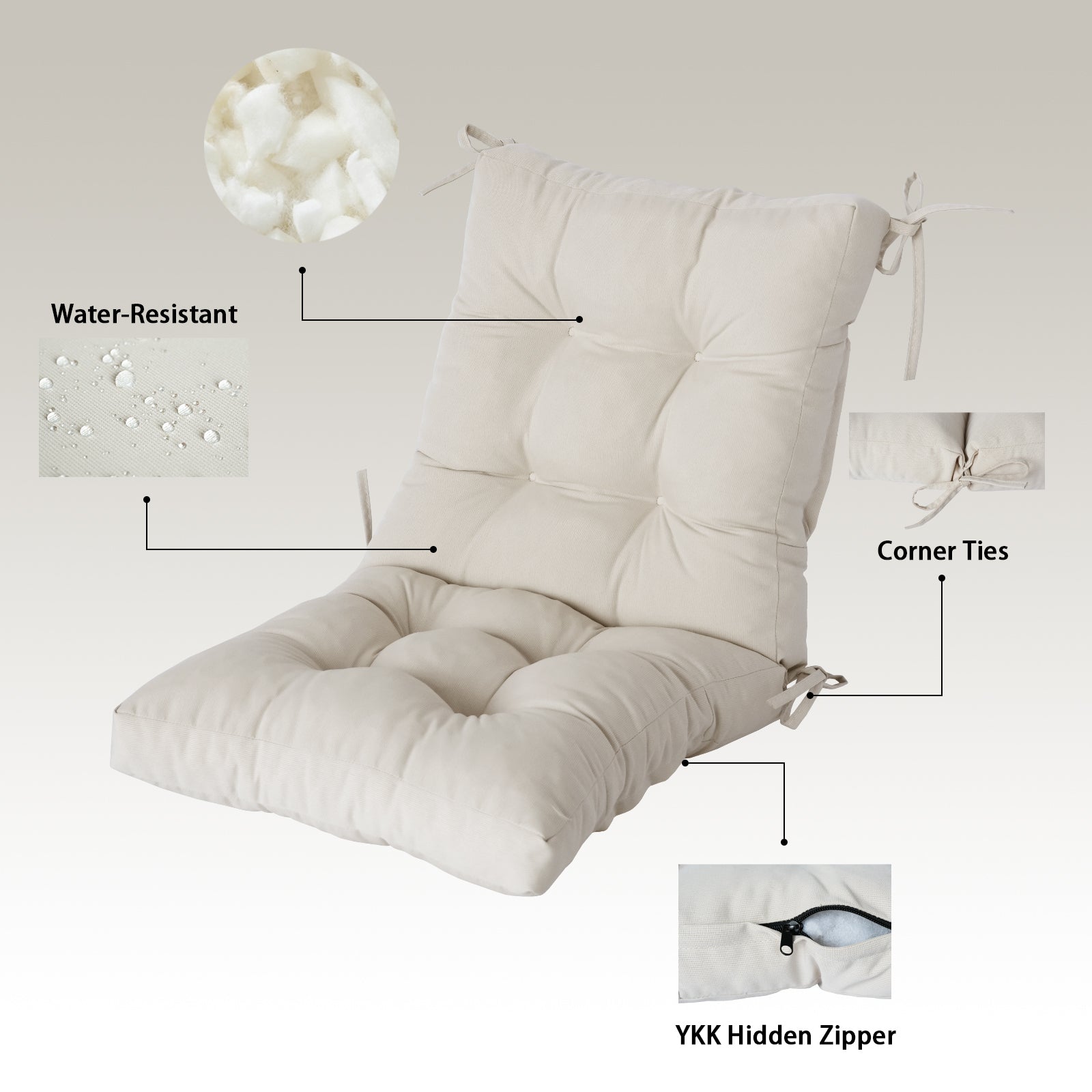 GoodGoods Tufted Outdoor High-Back Chair Cushion 20x40 in - Beige water-resistant fabric and construction details