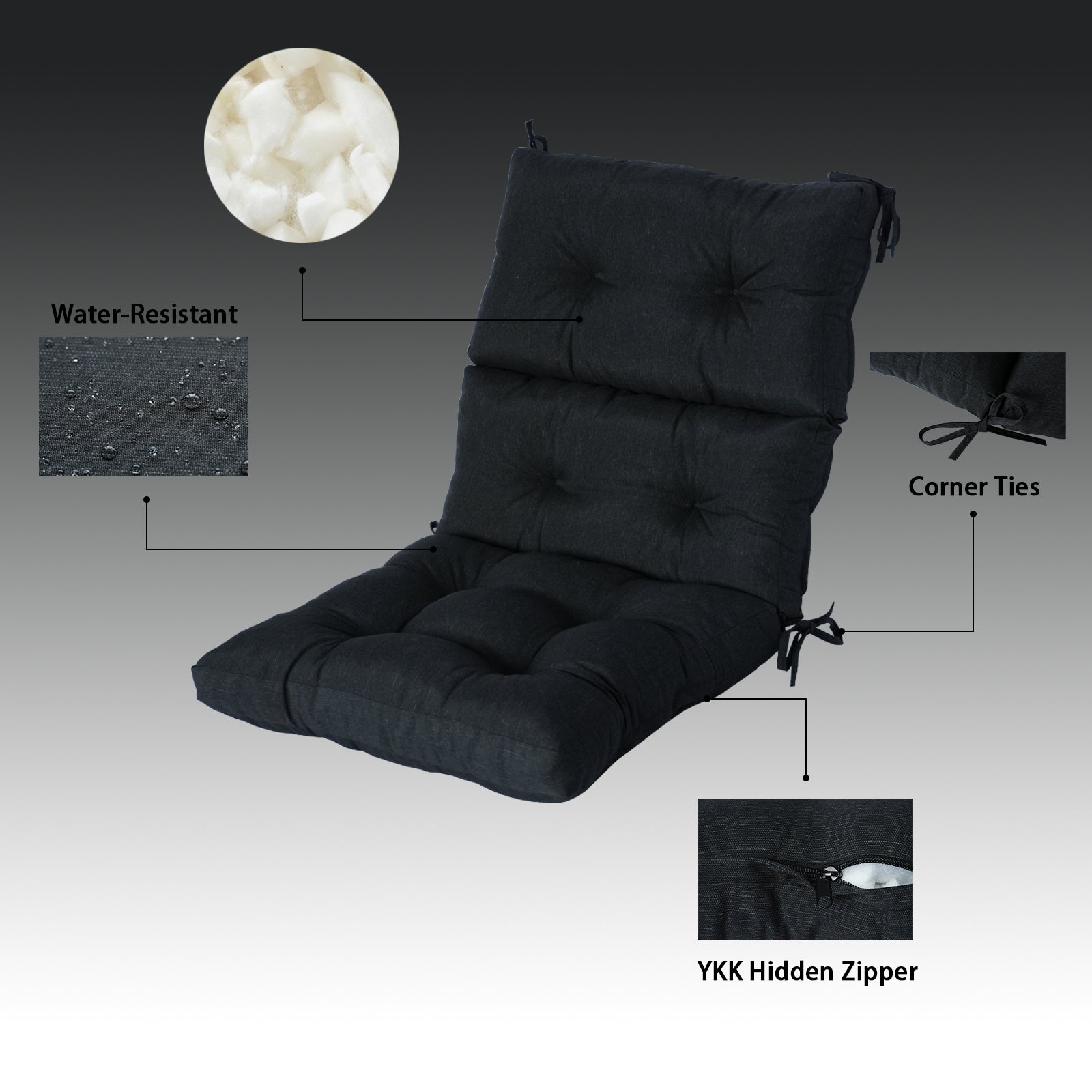 GoodGoods Tufted Outdoor High-Back Chair Cushion 22x44 in - Black water-resistant fabric and construction details