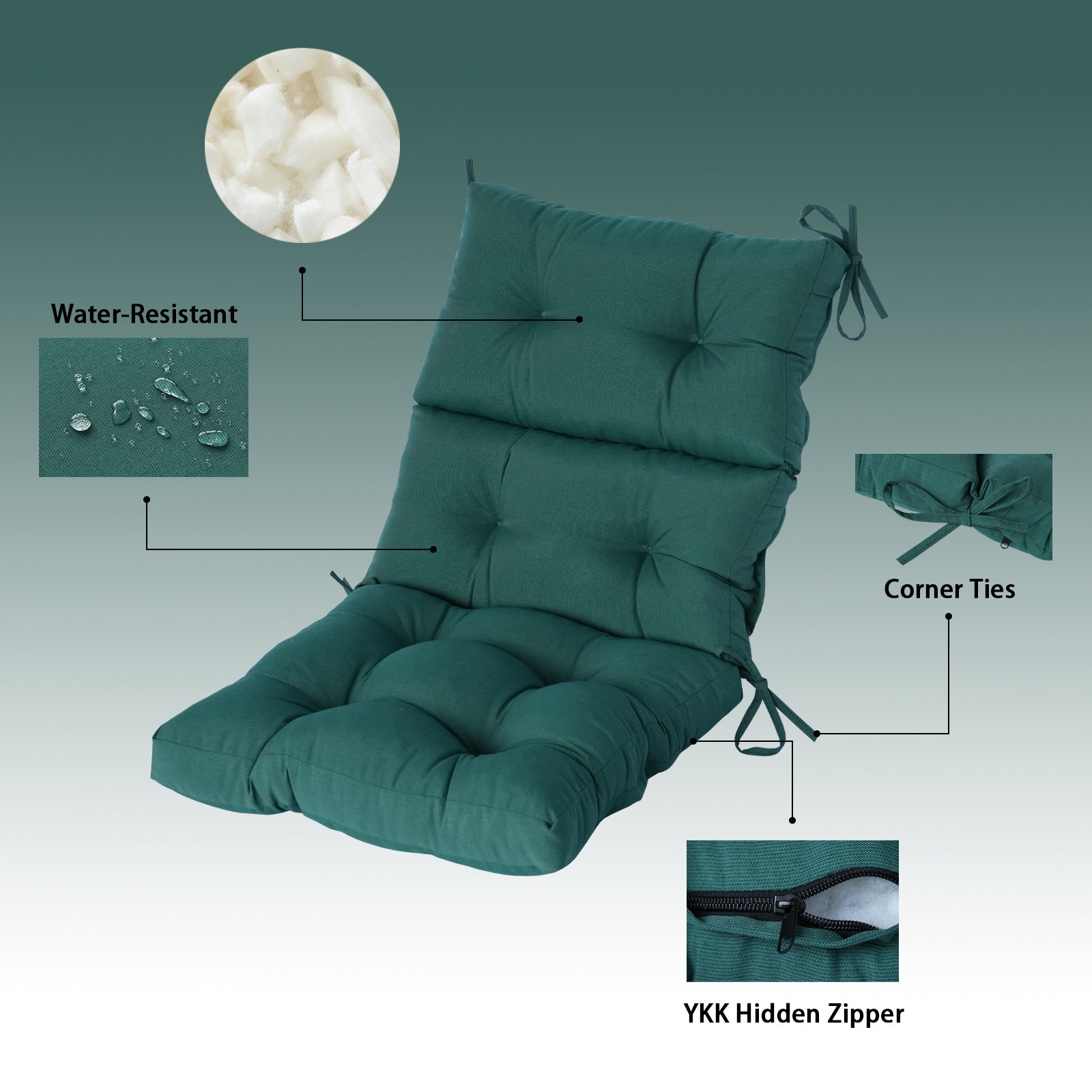 GoodGoods Tufted Outdoor High-Back Chair Cushion 22x44 in - Deep Green water-resistant fabric and construction details