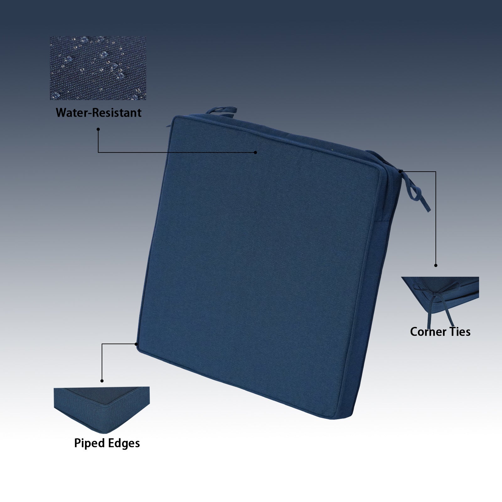 GoodGoods Outdoor Seat Cushion 20x20 in - Dark Blue water-resistant fabric and construction details
