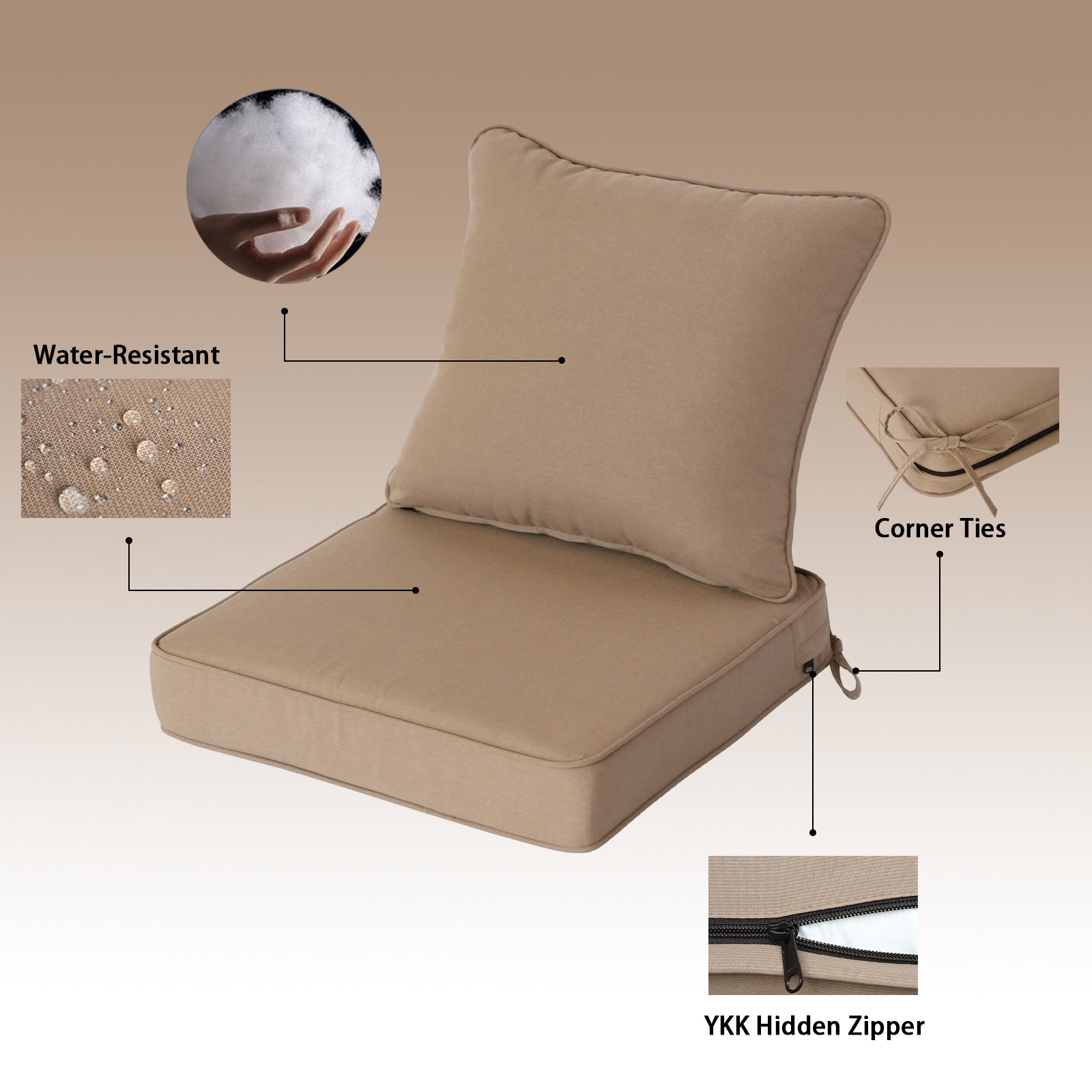 GoodGoods Deep Seat Outdoor Cushion Set 24x24 in - Brown water-resistant fabric and construction details
