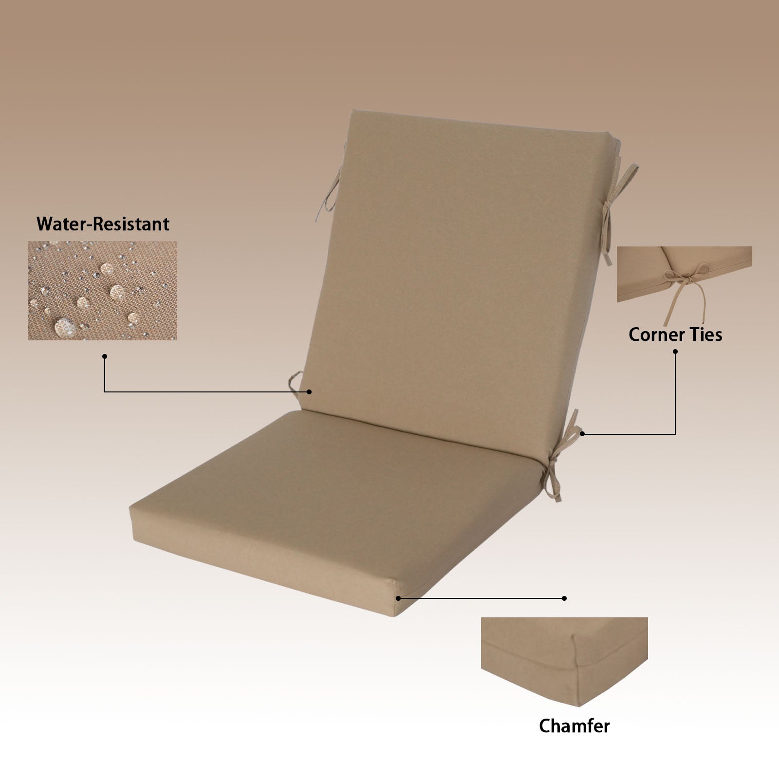 GoodGoods Outdoor High-Back Chair Cushion 22x44 in - Brown water-resistant fabric and construction details