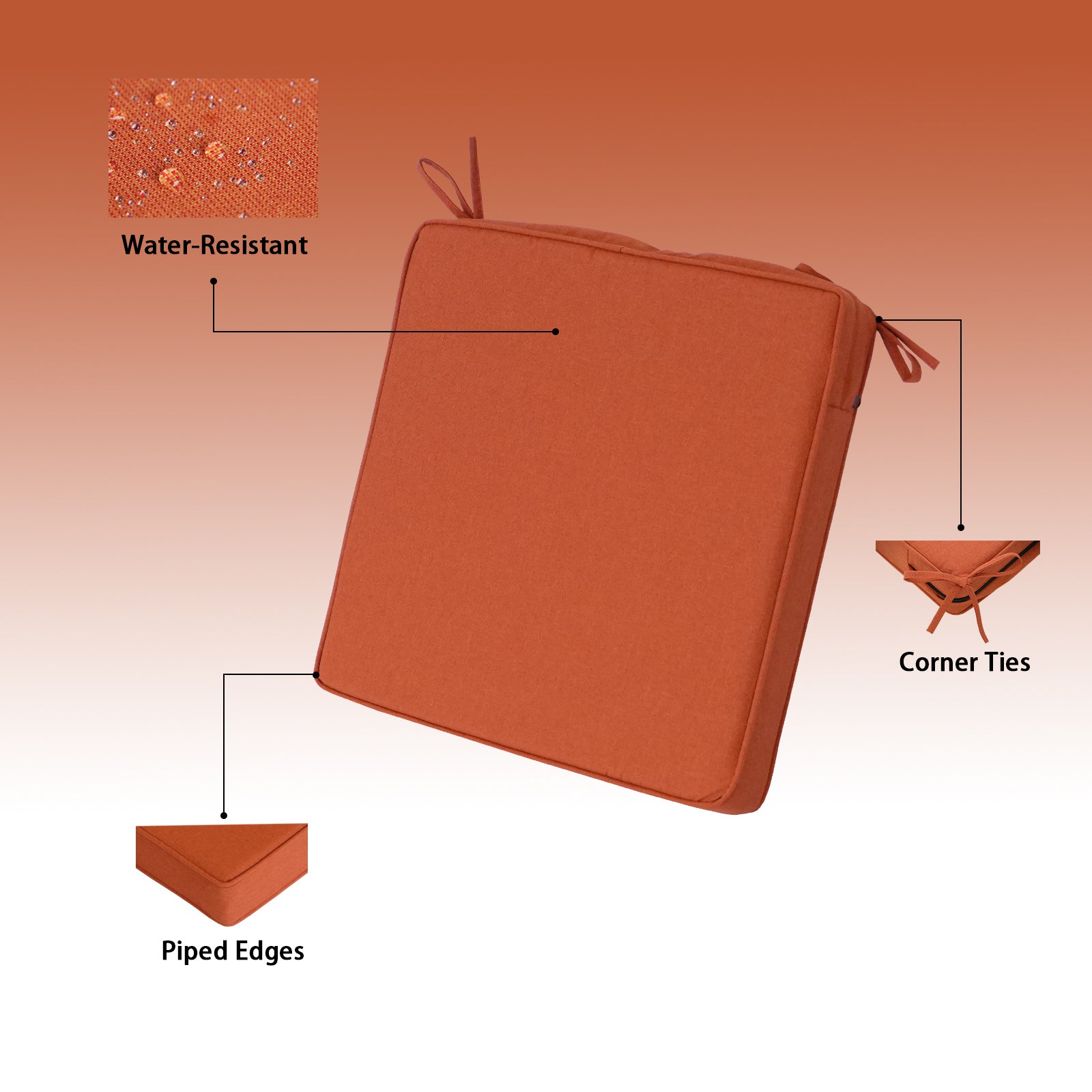 GoodGoods Outdoor Seat Cushion 20x20 in - Orange water-resistant fabric and construction details