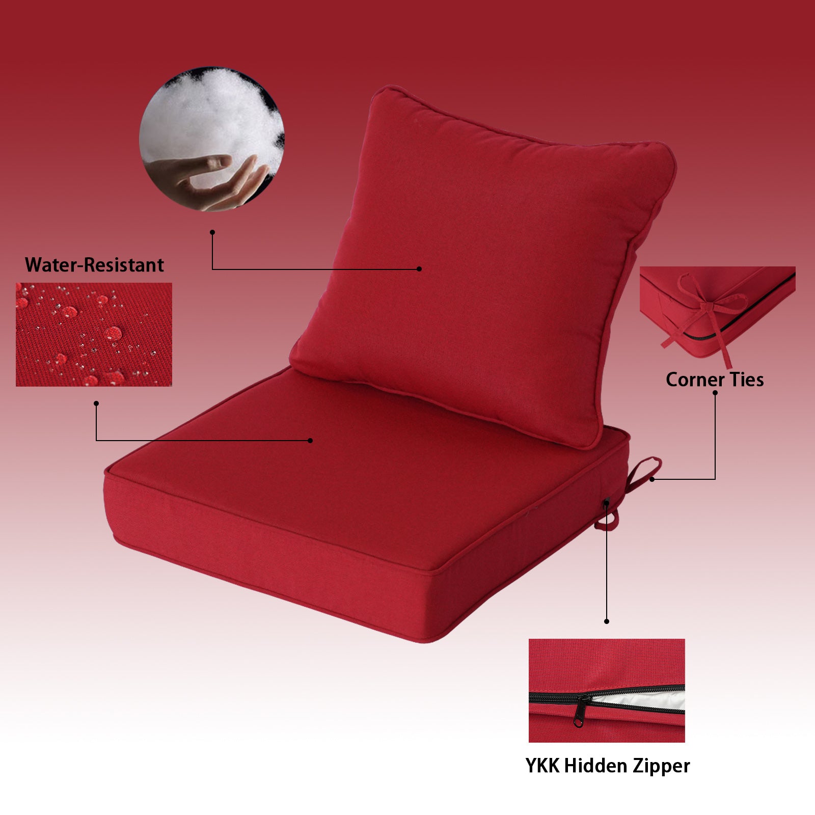 GoodGoods Deep Seat Outdoor Cushion Set 24x24 in - Red water-resistant fabric and construction details