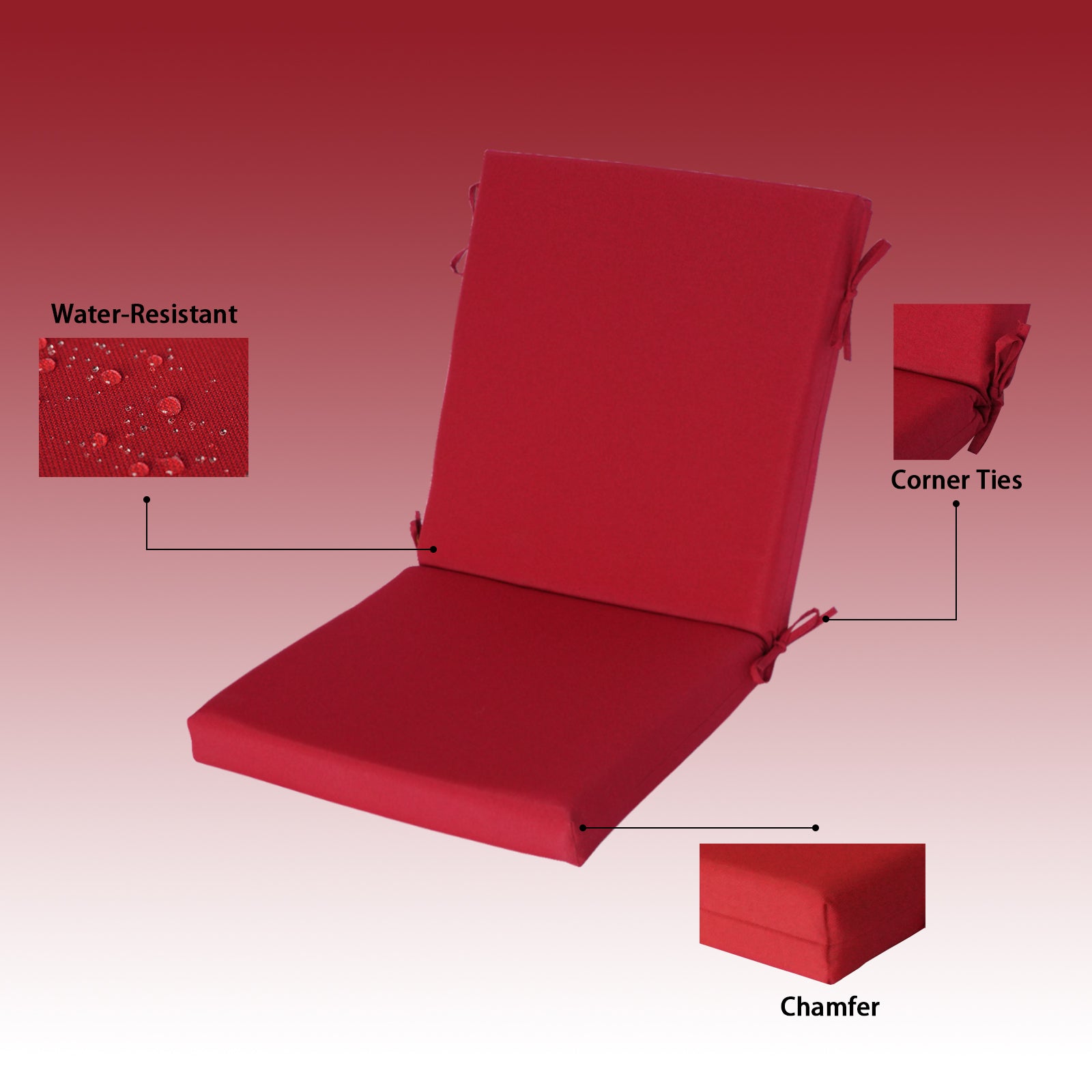 GoodGoods Outdoor High-Back Chair Cushion 22x44 in - Red water-resistant fabric and construction details