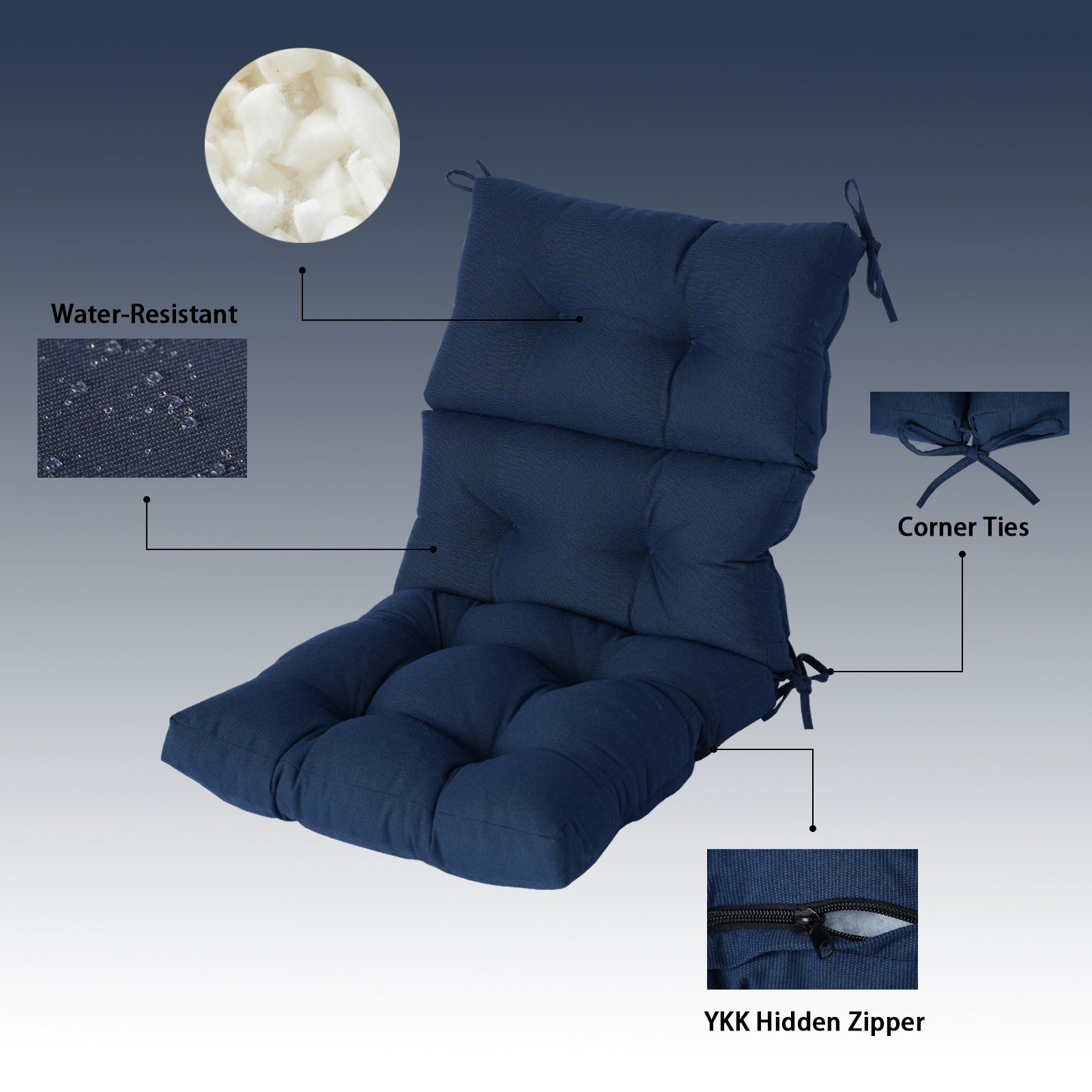 GoodGoods Tufted Outdoor High-Back Chair Cushion 22x44 in - Dark Blue water-resistant fabric and construction details