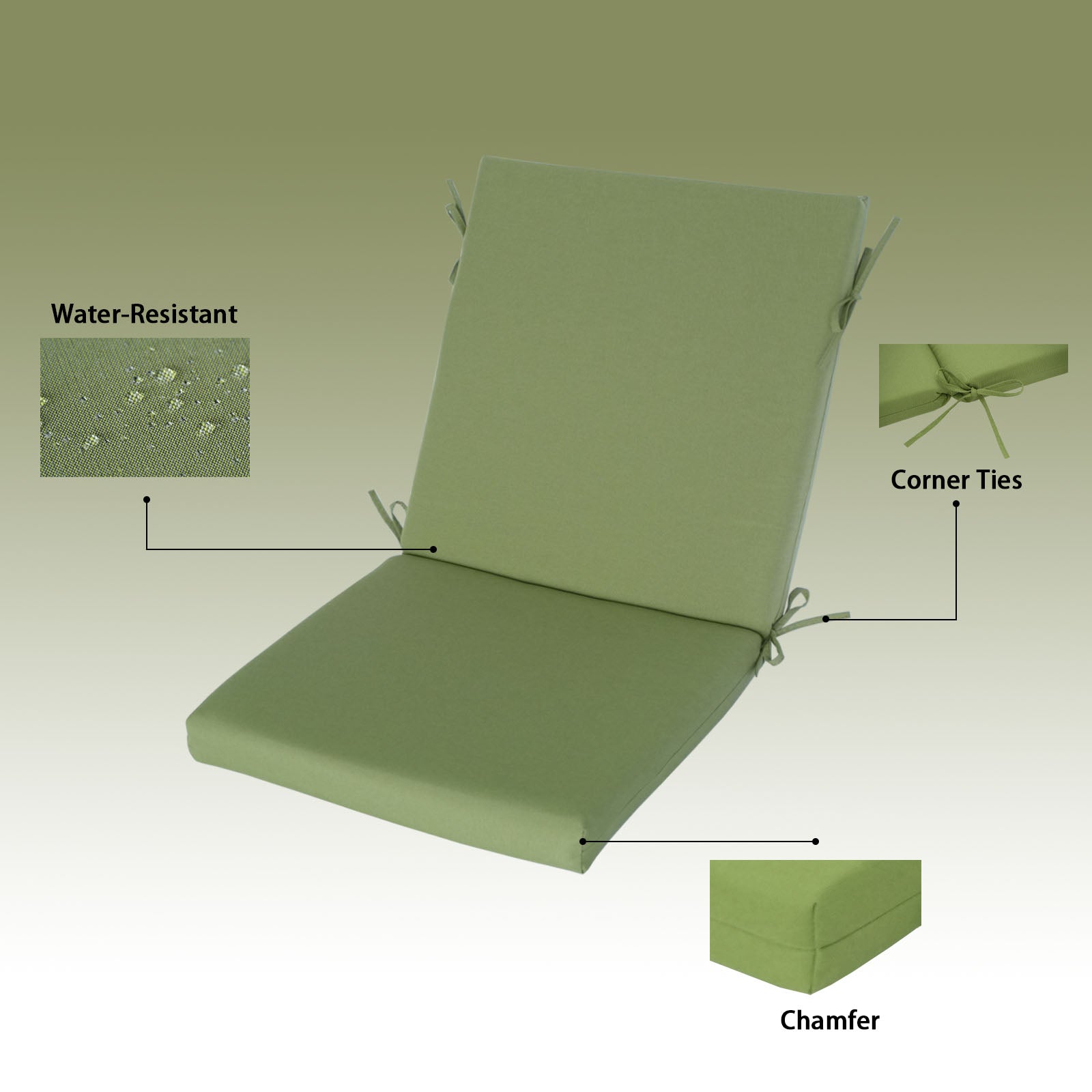 GoodGoods Outdoor High-Back Chair Cushion 22x44 in - Light Green water-resistant fabric and construction details
