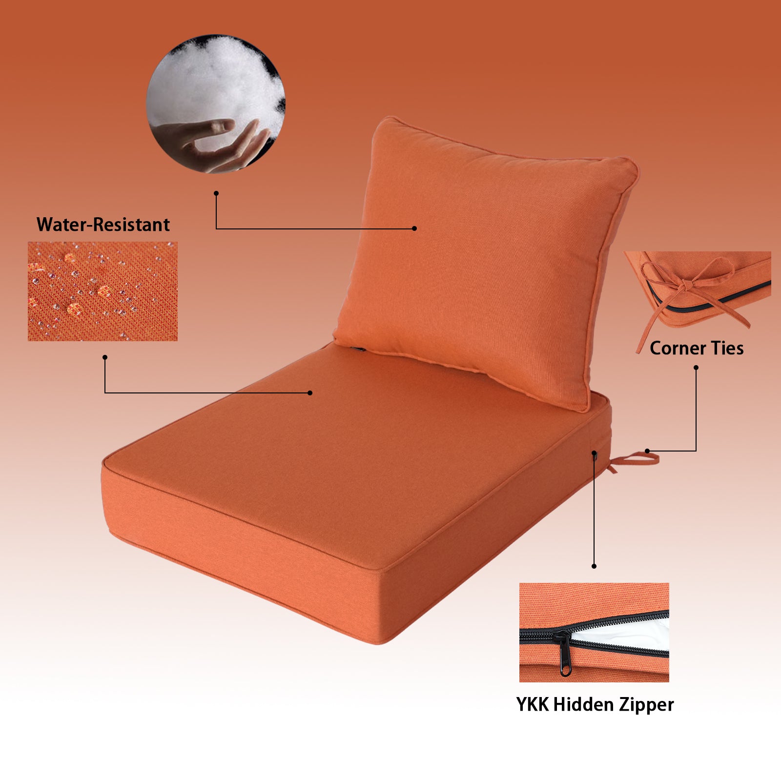 GoodGoods Deep Seat Outdoor Cushion Set 24x28 in - Orange water-resistant fabric and construction details
