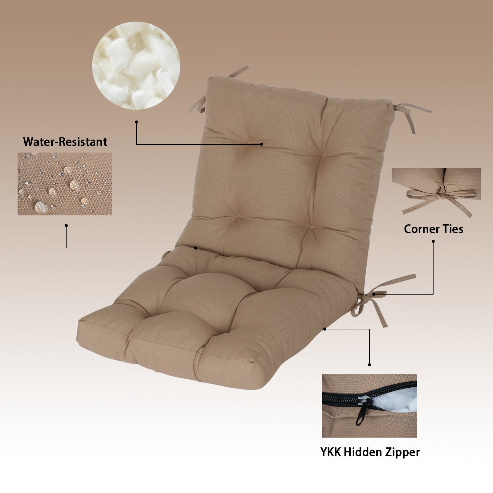 GoodGoods Tufted Outdoor High-Back Chair Cushion 20x40 in - Brown water-resistant fabric and construction details