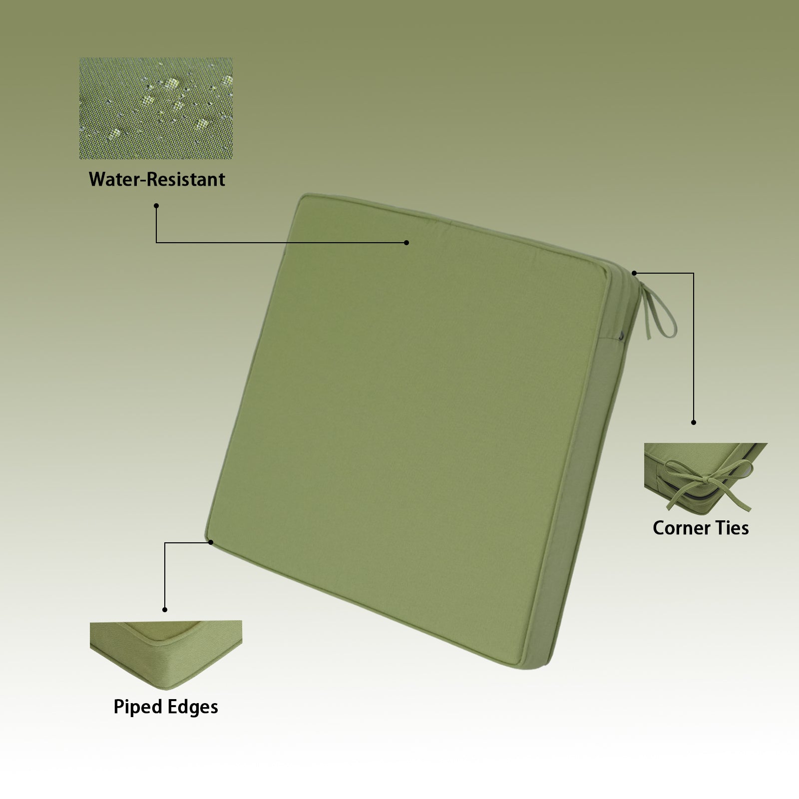GoodGoods Outdoor Seat Cushion 24x24 in - Light Green water-resistant fabric and construction details