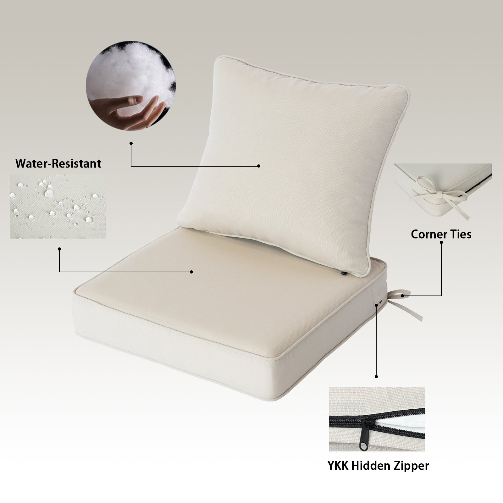 GoodGoods Deep Seat Outdoor Cushion Set 24x24 in - Beige water-resistant fabric and construction details