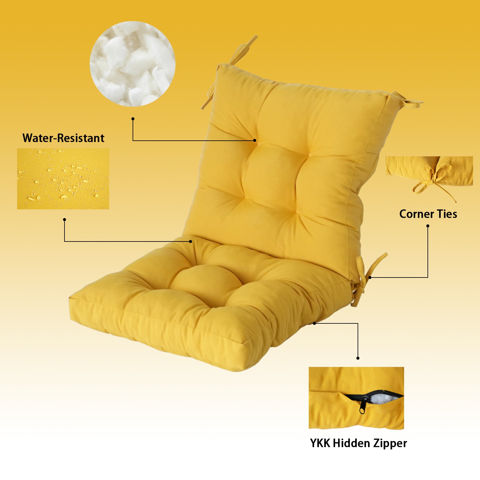 GoodGoods Tufted Outdoor High-Back Chair Cushion 20x40 in - Yellow water-resistant fabric and construction details