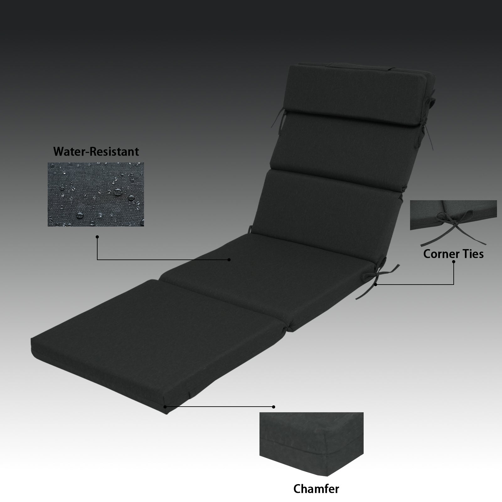 GoodGoods Outdoor Chaise Lounge Cushion 25x77 in - Black water-resistant fabric and construction details