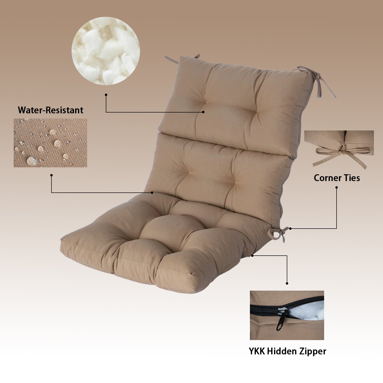 GoodGoods Tufted Outdoor High-Back Chair Cushion 22x44 in - Brown water-resistant fabric and construction details