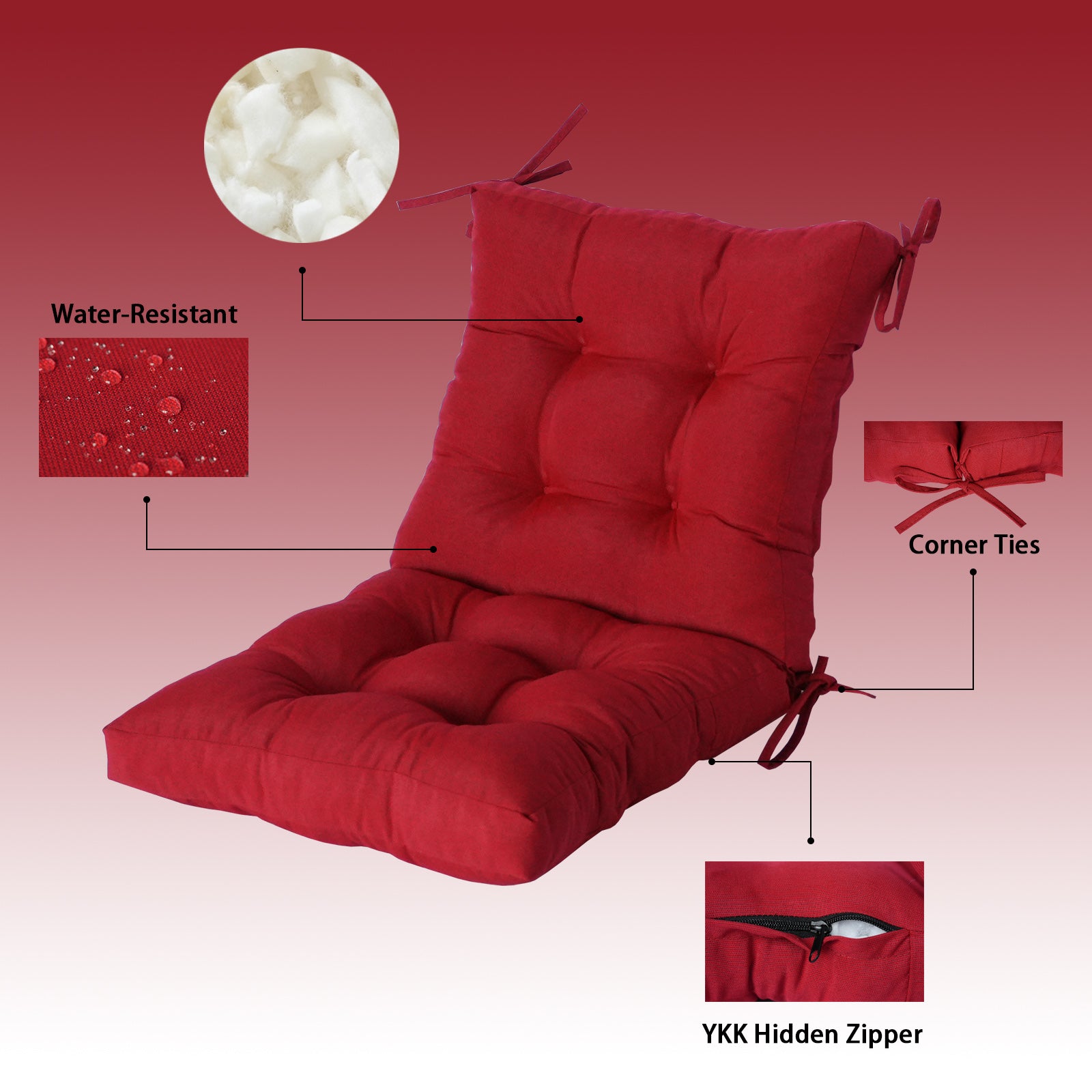 GoodGoods Tufted Outdoor High-Back Chair Cushion 18x36 in - Red water-resistant fabric and construction details