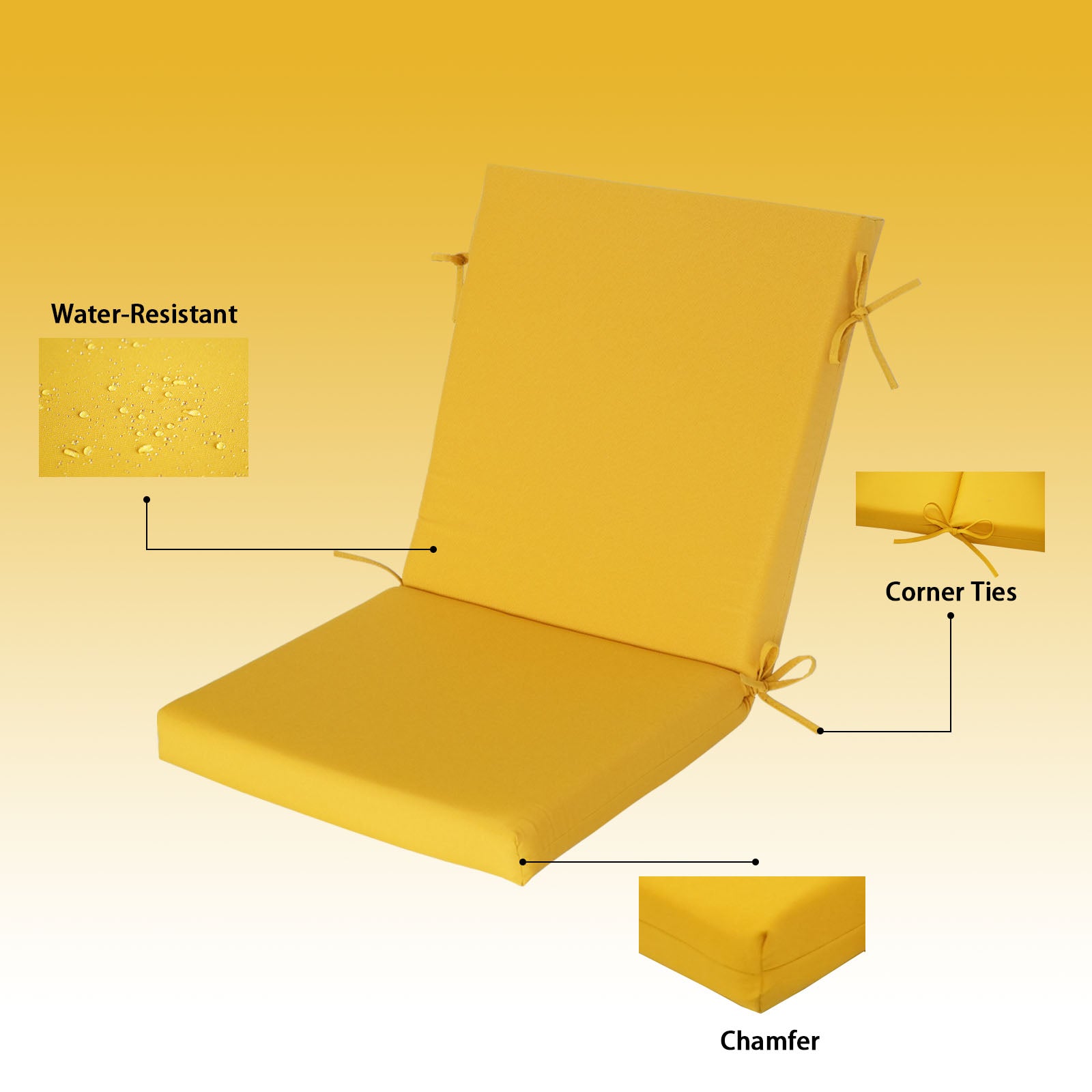 GoodGoods Outdoor High-Back Chair Cushion 22x44 in - Yellow water-resistant fabric and construction details