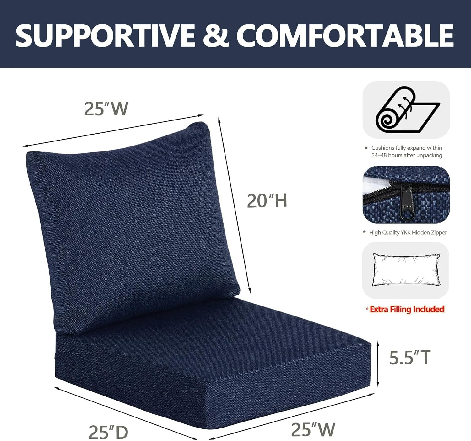 GoodGoods Deep Seat Cushion 25x25 in 2 Packs - Indigo