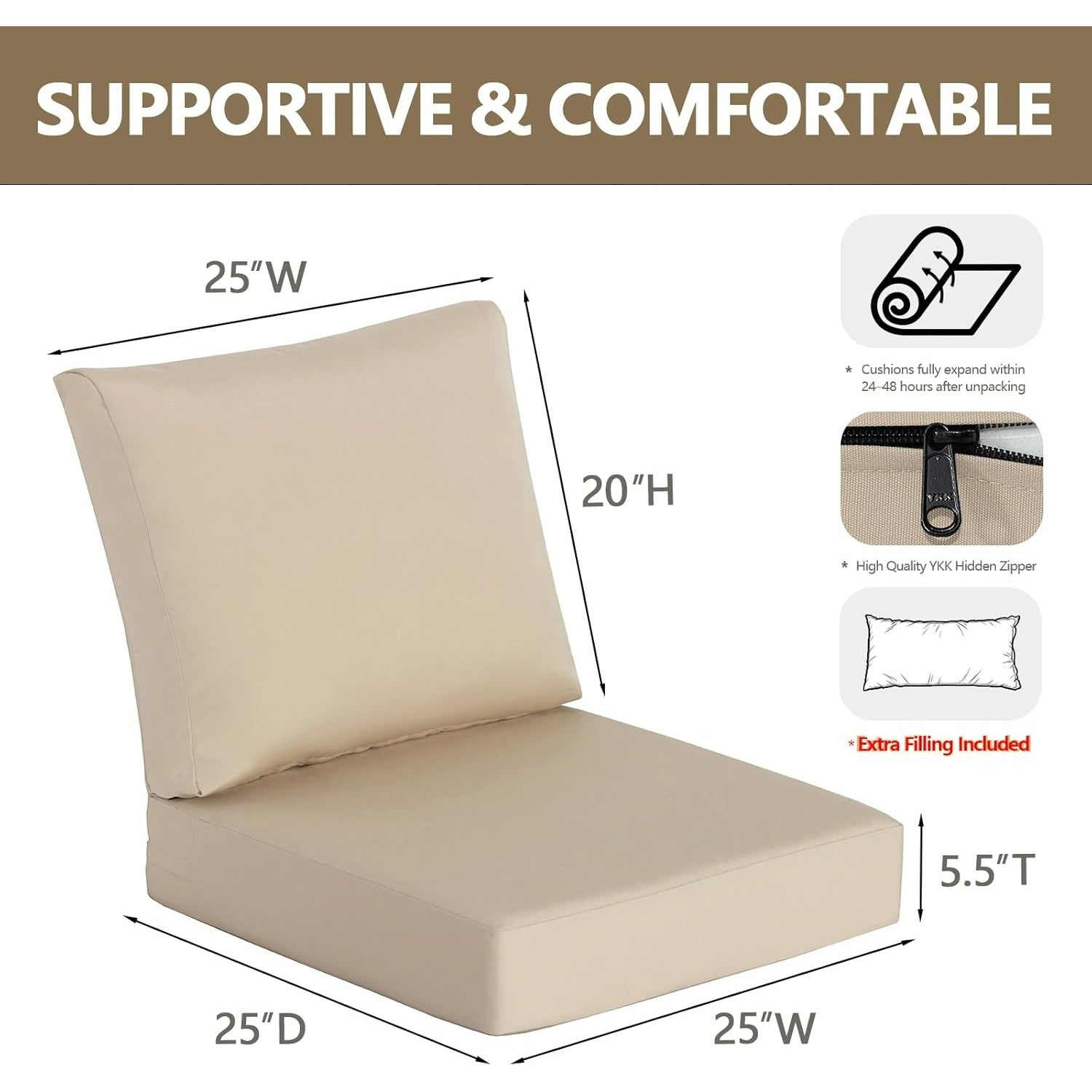 GoodGoods Premium Sunbrella® Deep Seat Cushion 25x25 in 2 Packs  - Beige