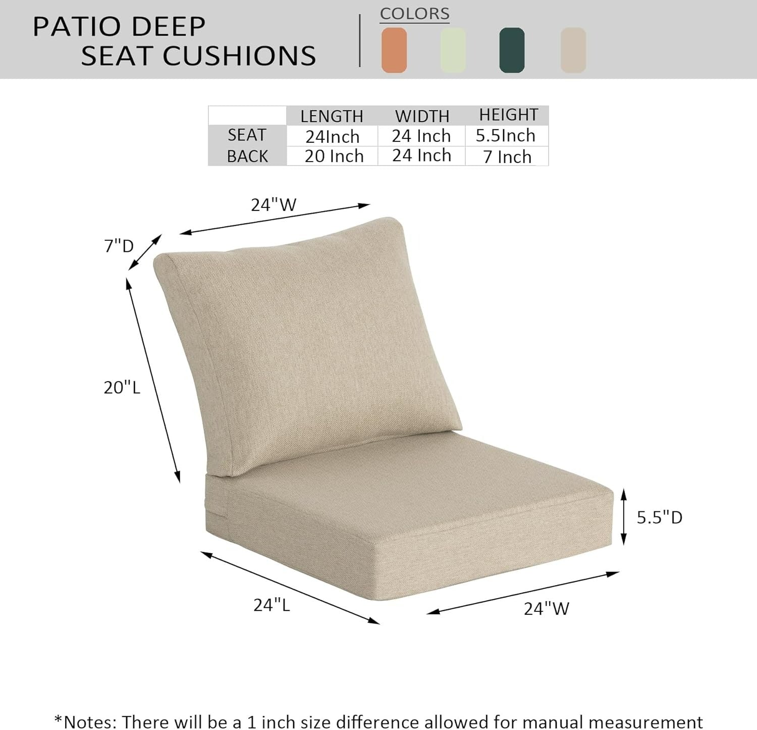 Premium Outdoor Deep Seat Cushion Set - 24" x 24" (Set of 2)